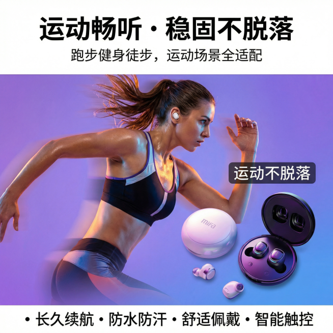 严格还原上传Mifa蓝牙耳机的产品细节，设计为1:1正方形运动场景电商主图。画面展示运动场景，运动人士佩戴该蓝牙耳机运动，旁边标注“运动不脱落”字样，背景为活力渐变运动场景。排版布局：主标题“运动畅听预览效果