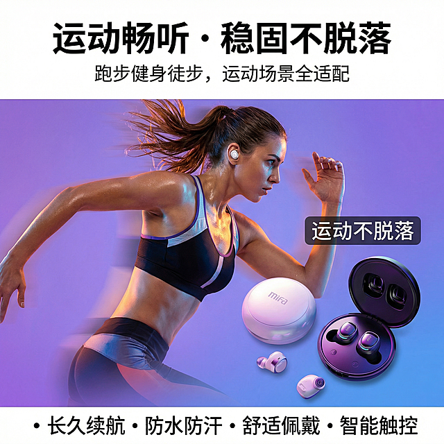 严格还原上传Mifa蓝牙耳机的产品细节，设计为1:1正方形运动场景电商主图。画面展示运动场景，运动人士佩戴该蓝牙耳机运动，旁边标注“运动不脱落”字样，背景为活力渐变运动场景。排版布局：主标题“运动畅听・稳固不脱落”放在上方并加粗，副标题“跑步健身徒步，运动场景全适配”，人物与产品主体居中，卖点文字在底部，场景动态式排版，整体充满活力，强调运动动态感与产品适配性，中文文字统一为无衬线字体，尺寸比例严格1:1。