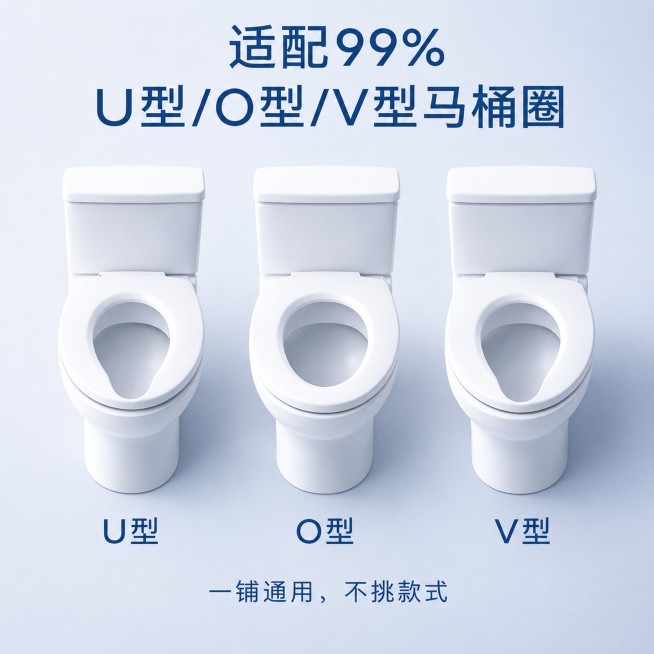 [主图3] 1:1正方形一次性速溶马桶垫主图，延续一致的简约高级柔光低饱和浅蓝哑光底色风格，参考图4展示三种马桶适配。本屏展示U型、O型、V型三款马桶实拍图，顶部大标题，底部小字，纠正文字错误，确保文预览效果
