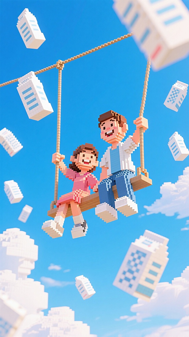 像素风与软3D结合，卡通人物在空中秋千上欢笑，漂浮的建筑营造梦幻超现实感，充满童趣与虚拟现实的可爱氛围。