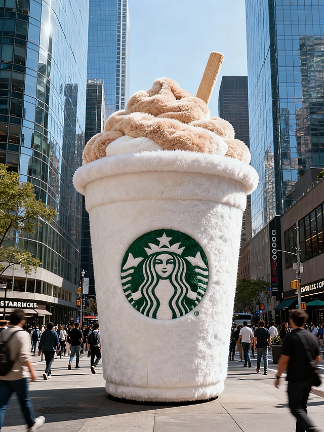 星巴克毛绒咖啡杯
 
Hyperrealistic photograph, a giant plush sculpture of a Starbucks coffee cup with the iconic green logo, standing in the middle of a busy downtown street, the cup is matte white with a fluffy light brown foam top and a wooden stir stick, soft fuzzy texture like a stuffed toy, surrounded by modern glass skyscrapers, crowds of pedestrians, bright daylight, cinematic composition, 8K, ultra-detailed --ar 3:4 --style raw --q 2