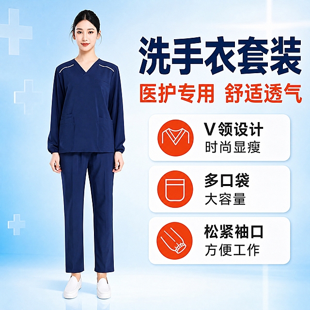 [主图-1] 洗手衣核心卖点首图，拼多多风格大字直白性价比，展示深蓝色V领长袖洗手衣套装整体穿搭效果。
[统一基调] 拼多多风格，大字主标题+醒目卖点图标+高性价比氛围，背景为浅蓝渐变医疗感背景，主标题字色为藏蓝色，辅助字色为深灰色，强调色为橙红色，字体为粗黑体无衬线，字号层级分明，卡片为圆角白底轻阴影样式。
[画面] 画面中央为年轻亚洲女模特正面全身站立，身穿深蓝色V领长袖洗手衣套装，V领肩部有白色撞色线条装饰，左胸有口袋，腰部两侧有大口袋，松紧袖口，松紧腰长裤，脚穿白色护士鞋。模特站姿端正，双手自然垂于身体两侧，面带微笑，妆容精致，头发盘起。模特占画面约65%，位于画面居中偏左位置，右侧留负空间放文字。背景为浅蓝到白色的渐变医疗洁净背景，带有淡淡的十字光影元素，营造专业医护氛围。
[光影质感] 商业棚拍质感，正面柔光均匀打亮，阴影柔和，面料呈现顺滑垂坠感，深蓝色均匀饱和，无明显反光，整体干净明亮。
[配色] 背景主色浅蓝渐变，产品深蓝色，主标题藏蓝色，强调色橙红色，辅助文字深灰色，整体配色专业洁净有医疗感。
[文字版式] 画面右侧上方放超大号粗黑主标题"洗手衣套装"，下方放橙红色副标题"医护专用 舒适透气"，再下方排列3个圆角白底卖点卡片：第一个卡片图标+文字"V领设计 时尚显瘦"，第二个卡片图标+文字"多口袋 大容量"，第三个卡片图标+文字"松紧袖口 方便工作"。文字全部横排，左对齐，不遮挡模特主体。
[输出要求] 比例1:1，文字清晰可读，产品颜色准确，模特五官清晰自然，画面干净无杂物，无水印无平台Logo，无变形无错字，整体高性价比感强。
