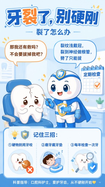 线条简洁的卡通口腔科普漫画，浅蓝为主色调搭配橙黄点缀，清爽干净。画面：牙牙卫士拿小刷子给裂纹牙涂药治疗，裂纹牙从愁眉苦脸变成放松微笑，背景日历标记"定期检查"。对话气泡：裂纹牙橙色气泡文字"那我还有救预览效果