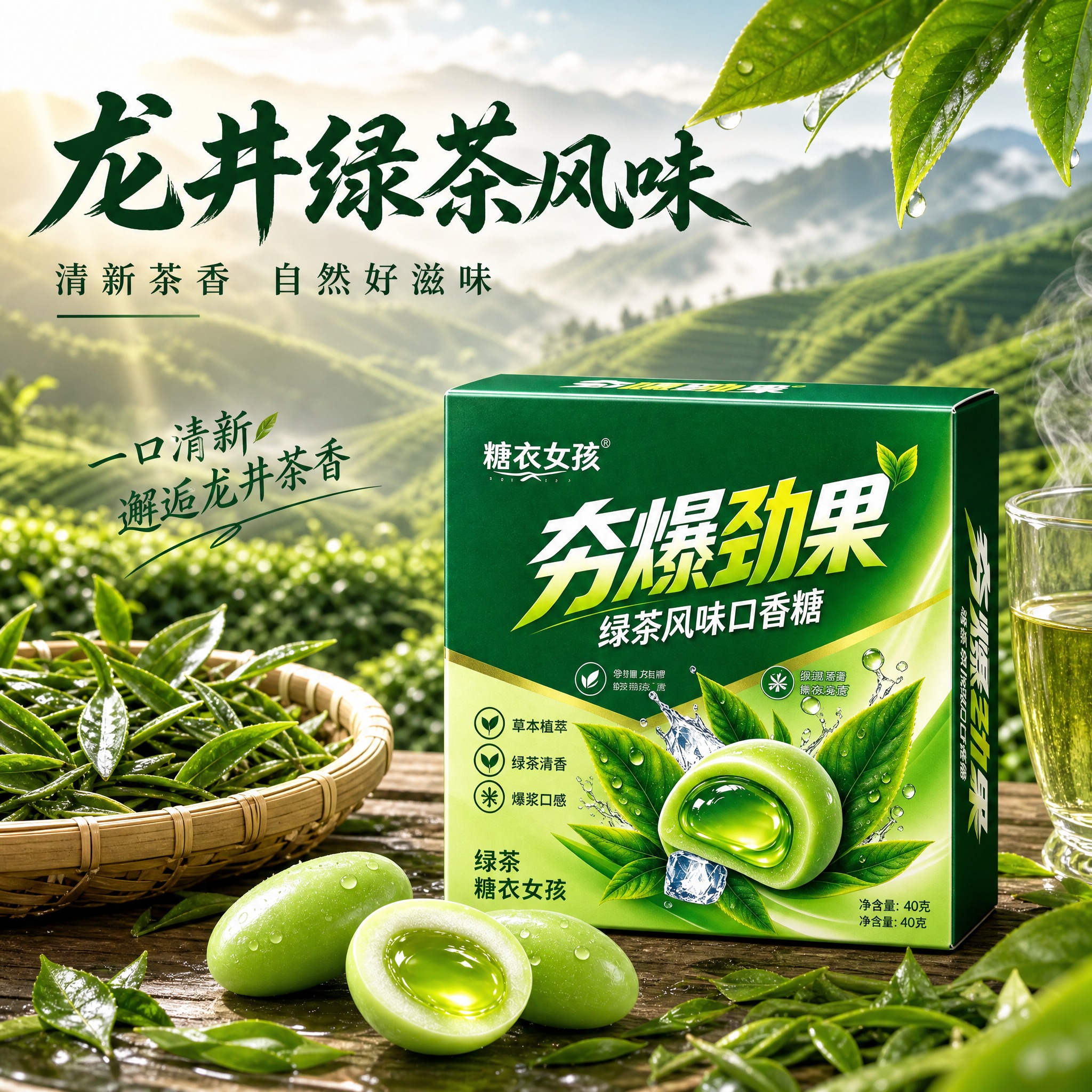 龙井绿茶风味口香糖主图二创 茶园场景 清新自然风格 商业摄影质… - 图片创意预览
