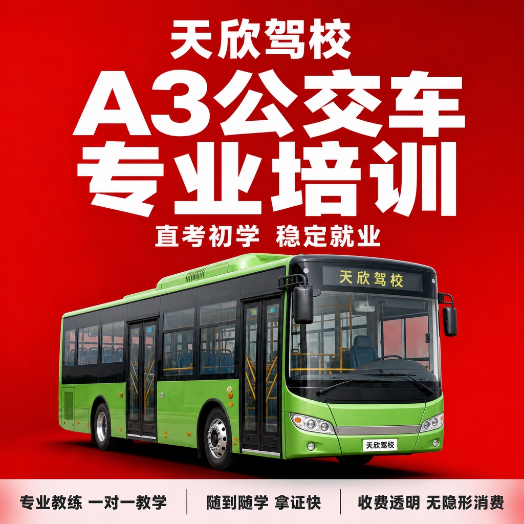 基于参考图的驾校红底白字风格，生成天欣驾校A3城市公交车驾照培… - 图片创意预览