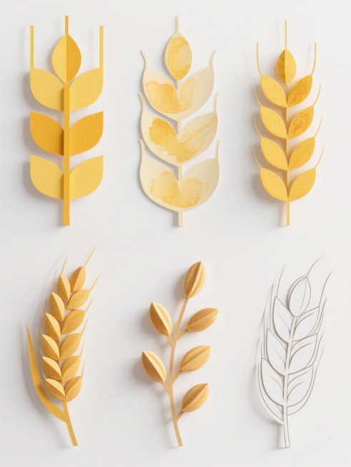 六个排列整齐的小麦主题设计，白色背景，保持金黄麦穗和麦粒的核心元素与暖色调，分别采用以下六种不同风格：1. 简约扁平风：几何化处理的麦穗与麦粒，色块分明，线条流畅；2. 手绘水彩风：柔和晕染的黄色调，自然的笔触纹理，略带透明感；3. 剪纸艺术风：多层叠加的纸张剪裁效果，边缘锐利，立体感强；4. 复古插画风：细腻的线条勾勒，复古的色彩搭配，带有怀旧质感；5. 立体3D风：真实的光影效果，麦粒与麦……预览效果