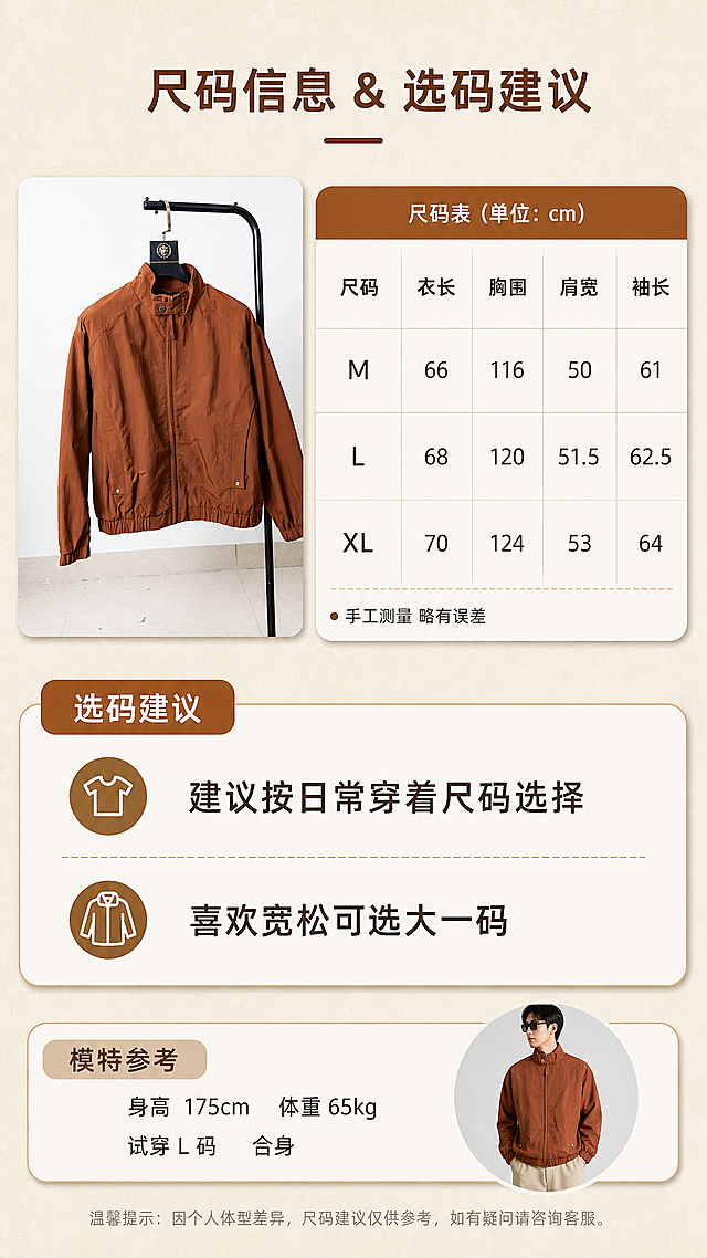 [第6张] 详情页尺码信息页-焦糖棕立领短款夹克尺码参数与选码建议。本张使用【图1】作为商品小图展示。
[氛围/风格] 清晰专业信息卡风，暖棕色调，简洁易读，商业摄影质感。
[元素布局] 画面上半部分左侧为夹克正面缩小图，占比约30%，展示整体廓形；右侧为尺码表信息卡；下半部分为选码建议+模特参考信息；背景为浅卡其色纸张肌理，底部有柔和阴影；产品颜色、结构与输入图一致。
[光影质感] 顶部均匀柔光，整体明亮清晰，信息卡有轻微投影增加层次。
[配色色系] 全局底色 #EDE4D3（浅卡其色）；主色焦糖棕 #B8632F；辅助色深棕文字、米白信息卡底、浅棕分割线。
[视角构图] 上下分区布局，上半左图右表、下半选码建议，阅读动线从上到下。
[文字版式] 标题字形为简洁无衬线体，顶部居中。主标题「尺码信息 & 选码建议」；尺码表包含字段：尺码、衣长、胸围、肩宽、袖长，列出M/L/XL三档参考范围（标注「手工测量 略有误差」）；选码建议区：「建议按日常穿着尺码选择」「喜欢宽松可选大一码」；底部小字：「模特身高175cm 体重65kg 试穿L码 合身」；文字清晰可读，移动端友好。
[比例分辨率] 9:16 竖版比例，2K分辨率，文字清晰可辨，高清画质。
[负向提示词] 变形，水印，文字错乱，文字过小，缺件错件，结构错误，颜色偏差，产品图模糊，背景杂乱。