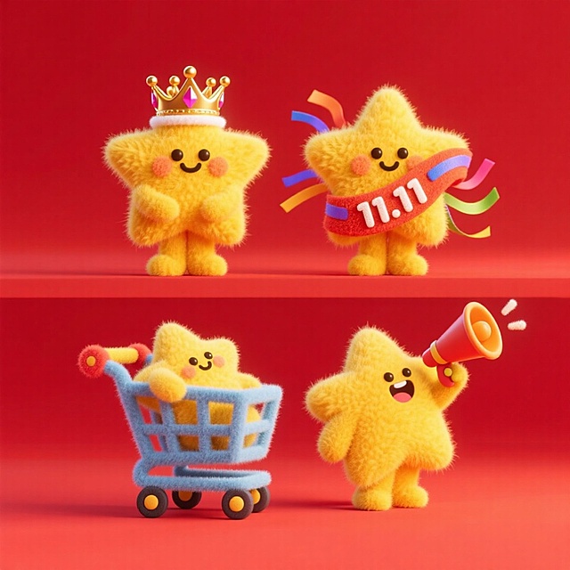 4个同一角色不同造型的黄色星星卡通形象，分别是：星星带着皇冠、星星披着“11.11”彩带、星星坐在购物车里、星星拿着喇叭，上下两行整齐排列，红色背景。