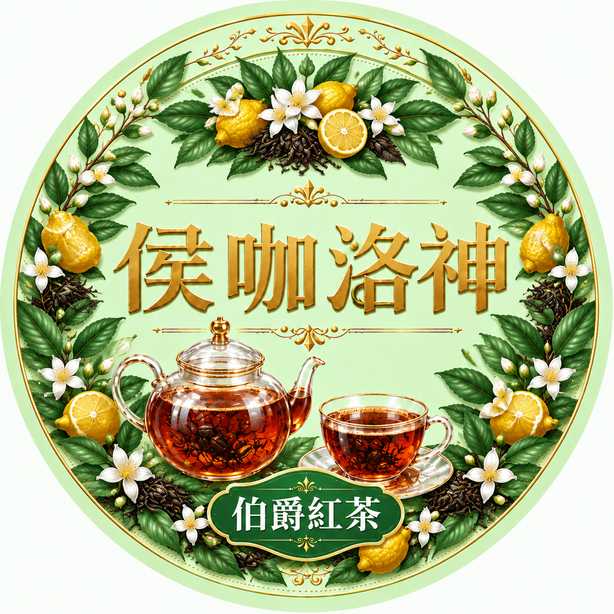 基于参考图彻底重绘，保持浅绿色圆形背景、金色边框花纹、"侯咖洛… - 图片创意预览