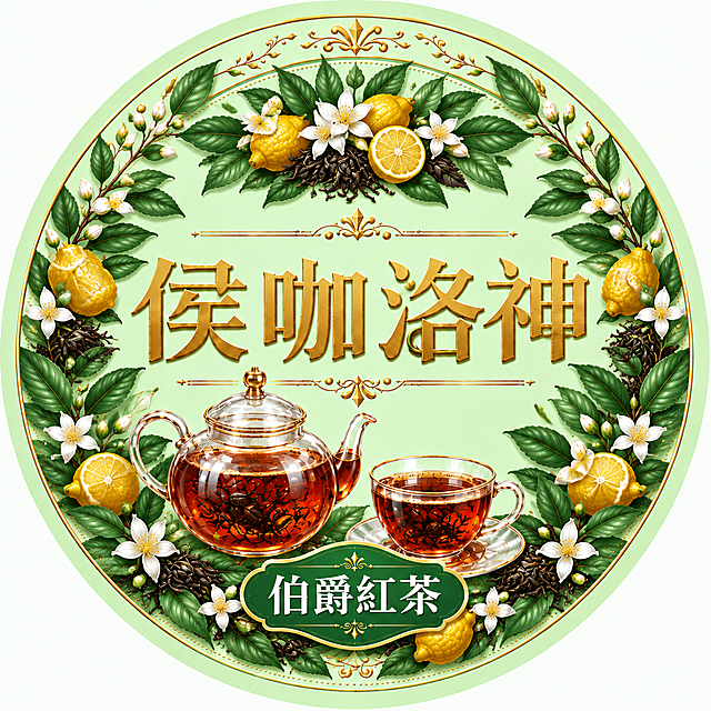 基于参考图彻底重绘，保持浅绿色圆形背景、金色边框花纹、"侯咖洛神"金色大字、玻璃茶壶茶杯造型完全不变，所有元素严格在圆环内不溢出。将画面中所有咖啡相关元素（咖啡豆、咖啡浆果、咖啡花、咖啡叶）全部替换为伯爵红茶相关元素：深褐色红茶茶叶、佛手柑果实（黄色柠檬状）、佛手柑花、茶树叶（椭圆形深绿叶片）。四周装饰全部是茶树枝叶+红茶茶叶+佛手柑果实+佛手柑花的组合，没有任何咖啡元素。茶壶和茶杯中是红棕色透亮的伯爵红茶茶汤，内含舒展的红茶茶叶。底部绿色标签中的文字改为"伯爵红茶"。整体对称均衡，精致华丽插画风格，内容丰富不杂乱