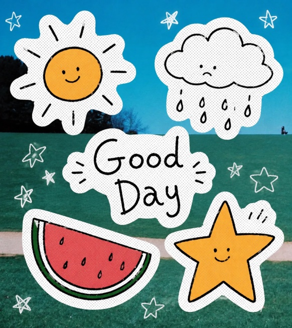 参考参考图片的风格，重新生成画面内容，包含英文字 "Good Day"、太阳、云朵下雨、西瓜、五角星，保持简约手绘贴纸风格，蓝绿色户外背景，手绘线条，多元素贴纸排版，参考图的半调网点效果预览效果
