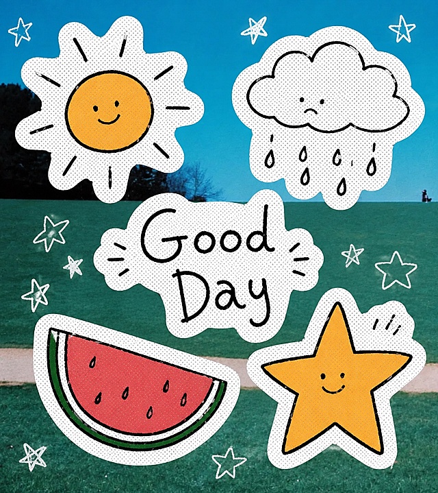 参考参考图片的风格，重新生成画面内容，包含英文字 "Good Day"、太阳、云朵下雨、西瓜、五角星，保持简约手绘贴纸风格，蓝绿色户外背景，手绘线条，多元素贴纸排版，参考图的半调网点效果