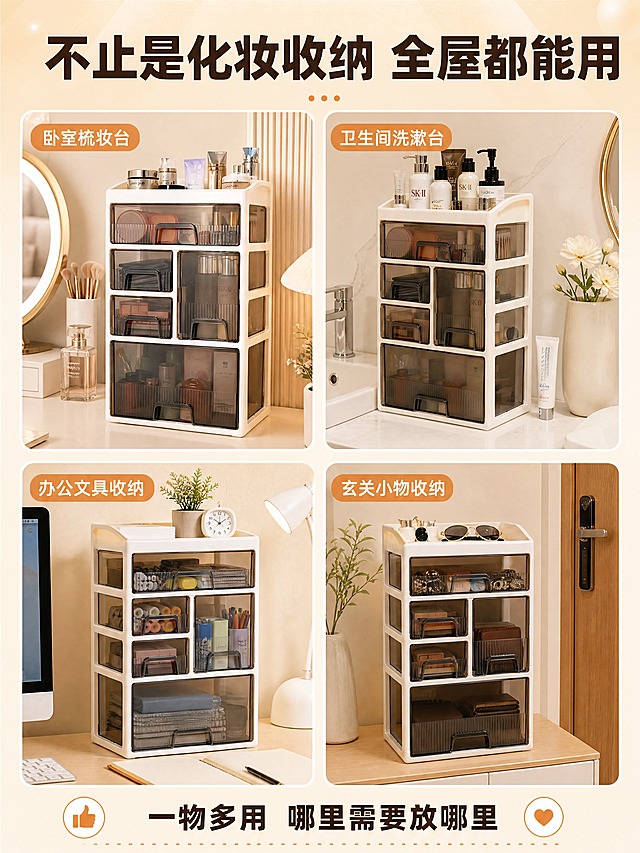 [商品] 使用【图1】【图3】【图4】抽屉式化妆品收纳盒；保留白色框架、烟灰色透明抽屉、多层结构，商品原貌不修改。
[画面] 页面目标：多场景拼图，展示产品百搭适用。构图：2×2四宫格拼图，每格一个场景：左上=卧室梳妆台、右上=卫生间洗漱台、左下=办公桌文具收纳、右下=玄关小物收纳。每个场景中收纳盒都融入环境，暖色调统一。景别：中景四格。阅读动线：顶部标题→四格场景→底部总结。前中后景：四格独立场景，各自有前后层次，整体暖调统一。
[视觉] 套系策略：风格=暖色调温馨居家电商风，淘宝拼多多风格，高信息密度；标题字=粗黑体加粗；正文字=清晰无衬线黑体；主色=奶杏色+暖棕；背景延展=基于奶杏色做深浅渐变、同色系层次、暖光光晕；强调色=脏橘色，仅用于小面积图标、引线、标签和重点高亮；标题色=深棕褐色；正文色=暖深灰；组件=圆角暖底信息卡、细线引线、胶囊标签；光影=各场景统一暖柔光基调。
[文字] 顶部主标题"不止是化妆收纳 全屋都能用"，四格分别标注场景名：「卧室梳妆台」「卫生间洗漱台」「办公文具收纳」「玄关小物收纳」，底部总结语：「一物多用 哪里需要放哪里」，文字全部横排。
[规格] 图片比例3:4竖版，4K分辨率，负向提示：避免冷蓝冷灰背景、产品变形、文字过小、极限词、平台Logo、二维码、水印。