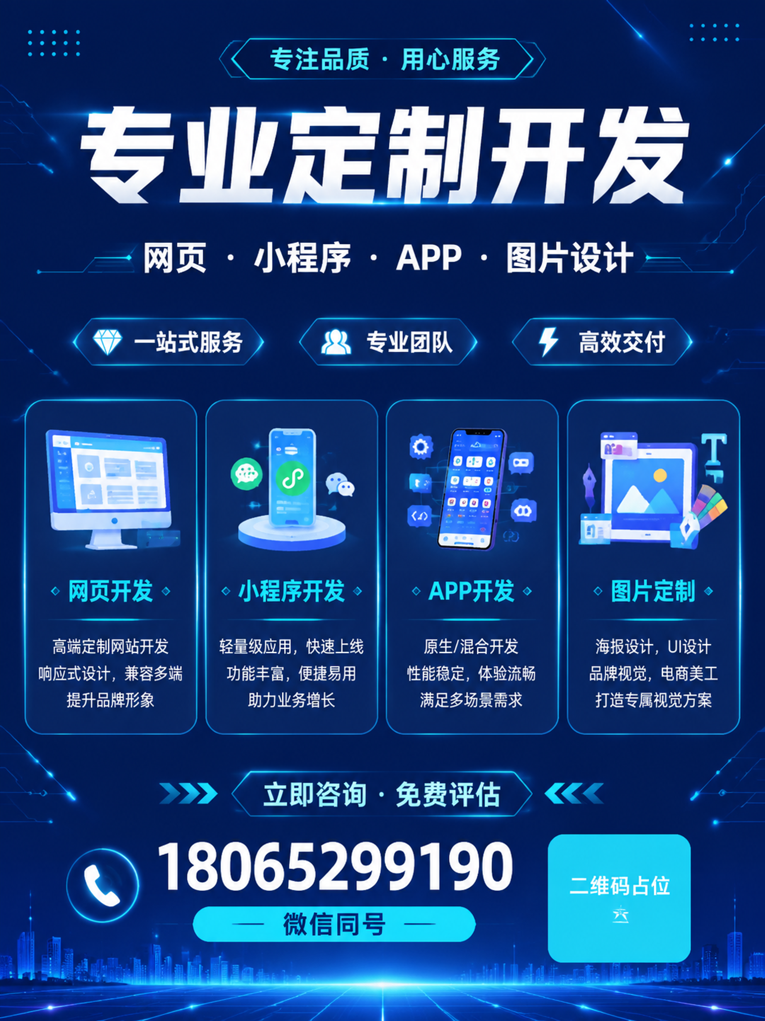 一张竖版传单海报，科技商务风格，主题为专业定制开发服务。画面采… - 图片创意预览