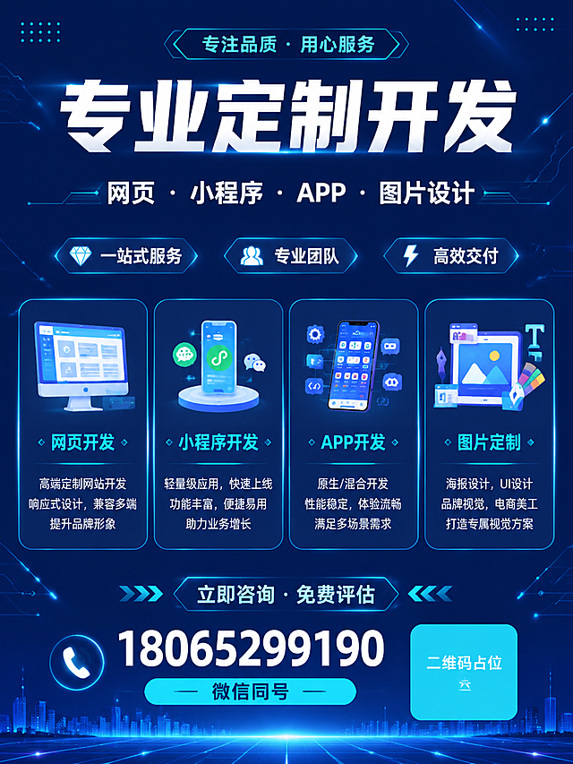一张竖版传单海报，科技商务风格，主题为专业定制开发服务。画面采用深蓝色渐变背景，带有科技感的几何线条和光点装饰，整体氛围专业可信。

版式结构：顶部为大标题区，中部为服务项目展示区，底部为联系方式区。

主标题文字："专业定制开发"，使用白色粗体大字，醒目突出。
副标题文字："网页 · 小程序 · APP · 图片设计"，位于主标题下方，字号稍小。

服务项目区以四个图标卡片形式横向排列，分别对应：网页开发、小程序开发、APP开发、图片定制，每个卡片下方有简短说明文字。

卖点文字："一站式服务"、"专业团队"、"高效交付"，以标签形式分布在画面中。

底部联系方式区：大字显示电话号码"18065299190"，下方标注"微信同号"，旁边有一个纯色方块占位符，方块中央标注"二维码占位"文字。

引导语："立即咨询 · 免费评估"，放在联系方式上方。

画面中所有信息区域必须填充完整合理的内容，不得出现空白框、空白占位、横线待填写区域、空列表项、空单元格。
画面中所有数字必须精确渲染，不得错位、遗漏或编造。
画面中所有二维码区域使用纯色方块占位符呈现，方块中央标注"二维码占位"文字，严禁生成任何可识别的二维码图案。

整体配色：深蓝主色调 + 青色点缀 + 白色文字，科技感十足，版式精美，层次分明，2K超高清画质。