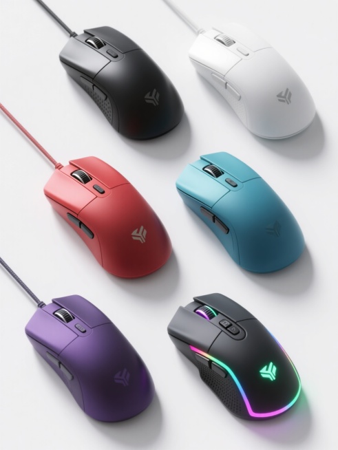 高写实3D渲染风格，六个不同材质（如哑光、亮面、磨砂、金属质感、橡胶防滑、类肤质涂层）、不同颜色（包含黑色、白色、红色、蓝色、绿色、紫色等）、不同样式（涵盖有线游戏鼠标、无线办公鼠标、人体工学鼠标、便携轻薄鼠标、复古机械鼠标、带有RGB灯效的电竞鼠标）的电脑鼠标，每个鼠标均展现出精细的产品细节（如按键纹理、滚轮刻度、品牌Logo位置、底部脚垫），整体采用简洁的白色背景，六个鼠标呈整齐的2×3网……预览效果