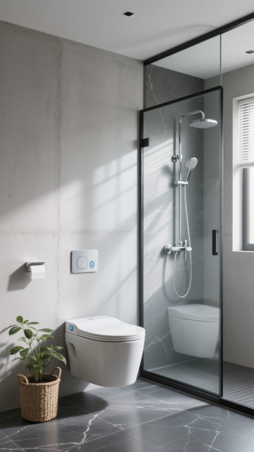 现代简约风格卫浴间实景图，浅灰色水泥质感墙面与深灰色大理石纹地面，自然光从右侧窗户柔和洒入形成光影交错效果，玻璃淋浴隔断内装有银色金属淋浴系统，左侧墙面下放置一款造型新颖的壁挂式智能马桶（具备隐藏式水箱、无缝陶瓷表面与触控面板设计），马桶旁地面摆放编织篮栽绿植增添生机，整体空间呈现干净利落的高级感与极简美学。预览效果