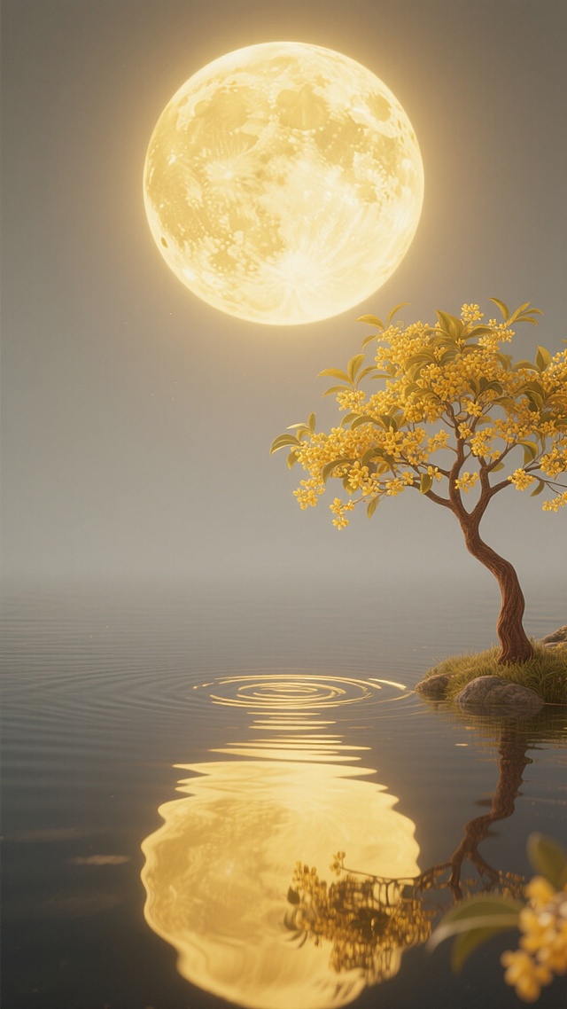 静谧月夜，金桂映水，水墨与3D融合，光影交织，营造出梦幻中式意境，唯美感十足，尽显中秋韵味。