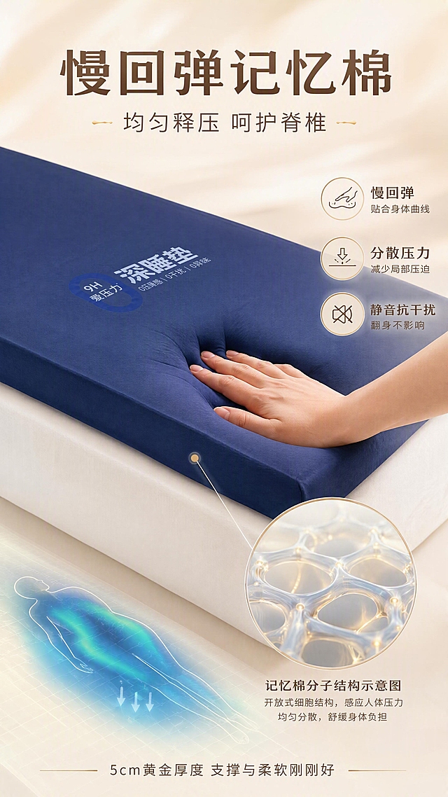 [第4张] 详情页材质解析-慢回弹记忆棉释压原理。本张使用【图1】作为商品主体。
[氛围/风格] 温馨奶油风，科技质感，清晰专业，商业摄影质感。
[元素布局] 画面主体为床垫一角局部特写，表面有一只手轻轻按压形成凹陷，展示慢回弹效果；旁边有放大的记忆棉纤维结构示意图（用简约线条表现蜂窝状分子结构）；画面中有柔和的压力分布热力图效果（蓝绿色渐变表示压力均匀分散）。背景为奶油色渐变虚化。产品物理结构、材质质感、颜色与输入产品图一致。
[光影质感] 主光从左上方45°斜入柔光，突出按压凹陷的轮廓和回弹质感；记忆棉纤维区域有科技感微光；整体明亮通透。
[配色色系] 全局底色 #FFF5EB；主色奶油白/浅杏；辅助色暖咖；强调色雾霾蓝（科技元素）/鎏金。
[视角构图] 45°俯视特写，床垫按压处为视觉焦点；右侧和下方分布信息元素；景深较浅。
[文字版式] 顶部居中大标题「慢回弹记忆棉」，副标题「均匀释压 呵护脊椎」。画面右侧三个信息点配图标：「慢回弹」「贴合身体曲线」、「分散压力」「减少局部压迫」、「静音抗干扰」「翻身不影响」。底部一行小字：「5cm黄金厚度 支撑与柔软刚刚好」。
[比例分辨率] 9:16 竖版比例，4K 分辨率，文字清晰可辨，高清画质。
[负向提示词] 变形，水印，文字错乱，文字过小，缺件错件，结构错误，颜色偏差，产品图模糊，背景杂乱。