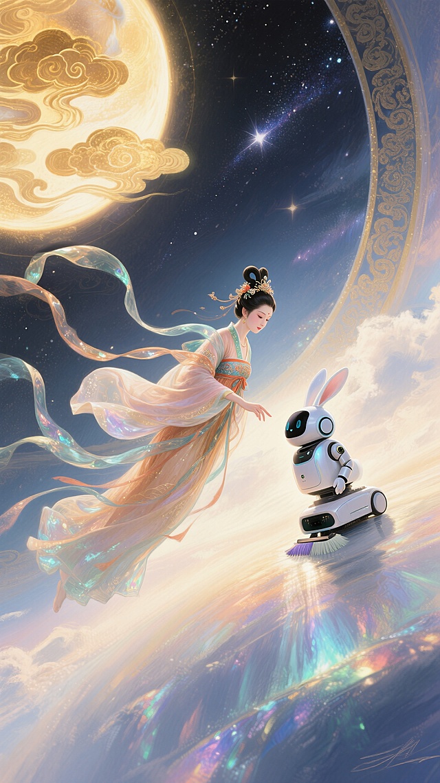 对角线构图，画面左侧嫦娥斜飞在天空（披帛向右飘）向下与扫地机器人（玉兔打扮）互动，背景左侧暖金祥云光晕、右侧星河与国风圆形元素，光影从中心向四周扩散。古今对话、跨越时空的奇幻浪漫感。