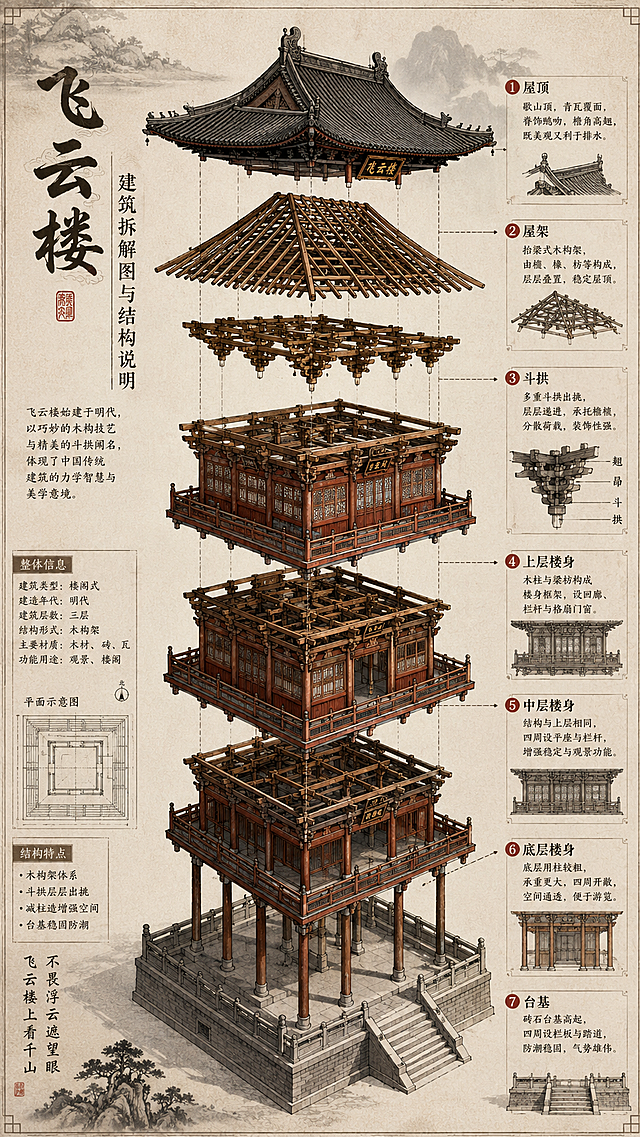 飞云楼的建筑拆解图，带有详细结构说明，中式美学风格，传统木构建筑结构分层展示，整体雅致古朴