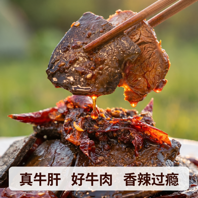 [主图-3] 细节特写主图，放大牛肝牛肉肌理与香辣红油。
[氛围风格] 微距美食特写，突出食材品质；
[画质] 超高清商业美食摄影，细节清晰锐利，纹理真实。
[元素] 特写筷子夹起一块带红油的香辣牛肝预览效果