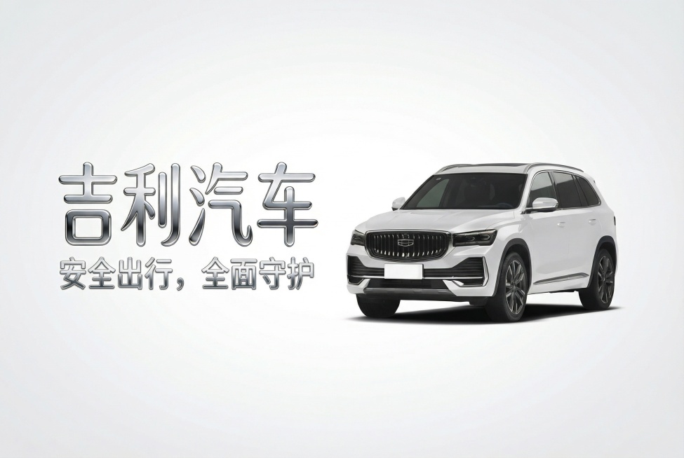 以提供的吉利汽车图和“吉利汽车”金属字为素材，合成图片，金属字“吉利汽车”放置在画面左侧不与汽车重叠，在“吉利汽车”下方添加副标题“安全出行，全面守护”，整体简约商务风格，画面清晰协调预览效果