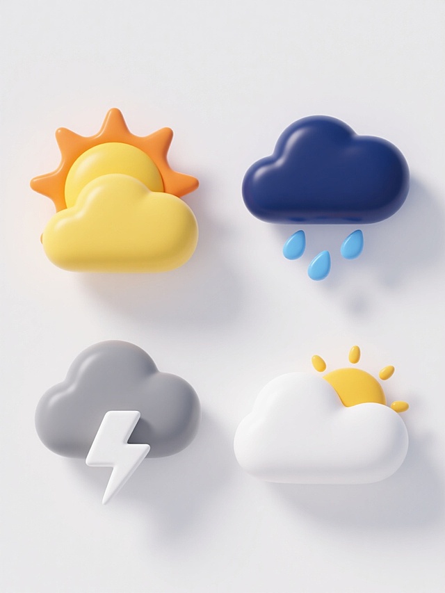 系列天气图标集合，维持3D渲染风格，采用柔和渐变色彩与光滑圆润的曲面造型，具有微妙的高光和阴影效果，纯白纯色背景。四个图标规整排布，从左到右、从上到下分别为：1. 黄色云朵与橙色太阳组合的晴天图标；2. 深蓝色云朵下方带有蓝色雨滴的雨天图标；3. 灰色云朵与白色闪电符号的雷暴图标；4. 白色云朵覆盖半个黄色太阳的多云图标。每个图标保持一致的视觉大小和圆润可爱的设计语言，整体呈现简洁明快、友好直观的设计感。