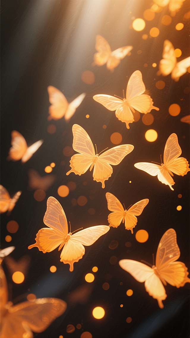 画面整体色调改为温暖的橙黄色调，无数半透明的蝴蝶在深邃的背景中飞舞，蝴蝶翅膀呈现出柔和的橙黄色光芒，背景中点缀着大小不一、模糊的橙黄色光斑，光线从上方照射下来，营造出梦幻、温馨而又神秘的氛围，整体画面具有强烈的动感和层次感，呈现出唯美的光影效果。