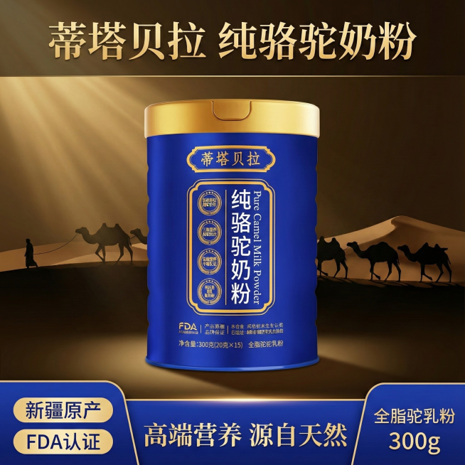 华贵质感方案：以深蓝金罐为主体，暗金色渐变背景+丝路驼队剪影，突出"新疆原产"高端属性，适用电商详情页主图预览效果