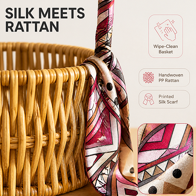 [主图-3] Round PP Rattan Storage Basket with Silk Scarf Handle Wrap 材质与品质细节图，唯一任务是同时证明手编 PP 藤的纹理与丝巾的印花绸面质感。
[统一基调] 整体为干净温暖的自然家居风亚马逊信息图；背景主色暖象牙白 #F7F4EF 搭配浅橡木色台面；标题字色深炭黑 #262626；辅助字色暖灰 #6B6459；强调色暖玫红 #B23A5E，呼应丝巾印花；全套只用一种几何无衬线字体外观，标题最粗最大，辅助文案字号缩小一半以上；组件只用暖玫红细线图标、圆角半透明浅底标注框与轻微柔和阴影，不使用厚重色块、大面积通栏和装饰边框。
[画面] 采用贴面微距视角，镜头贴近提手中段与篮身侧壁的交界处，占画面约 60%；画面左侧是拉大的 PP 藤交叉编织纹理，能看清每根藤条的立体弧度与编织密度；右侧是丝巾缠绕提手的位置与垂落的尾端，几何印花与绸面折光清楚；右下角一个圆角半透明浅底小窗展示丝巾面料更大倍率的印花与织纹；右上角一枚暖玫红细线图标配合标签表示篮身表面可用湿布擦拭；保持产品颜色、结构与印花与输入图一致。
[光影质感] 侧逆光掠射，藤条呈现清晰明暗与立体投影，丝巾呈柔和连续的绸面高光，无油光、无水渍，微距质感真实。
[配色] 沿用当前组统一视觉，强调色只出现在细线图标与标注框。
[文字版式] 主标题左上横排 "SILK MEETS RATTAN"；右侧分行排布辅助标签 "Handwoven PP Rattan" "Printed Silk Scarf" "Wipe-Clean Basket"，字号小于主标题一半；文字无逗号，不遮挡产品。
[输出要求] 1:1；藤编与丝巾两种材质质感清晰、文字清晰。
[负向] 变形、纹理糊化、丝巾印花错乱、塑料假材质、错字、中文、水印、品牌 Logo、食物、油污水渍、多余道具。