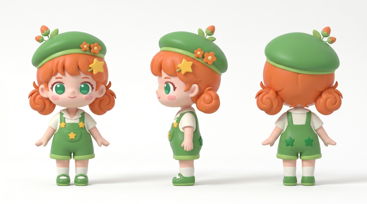 3D cartoon three views of the character in the reference image, front view, side view, back view, al预览效果