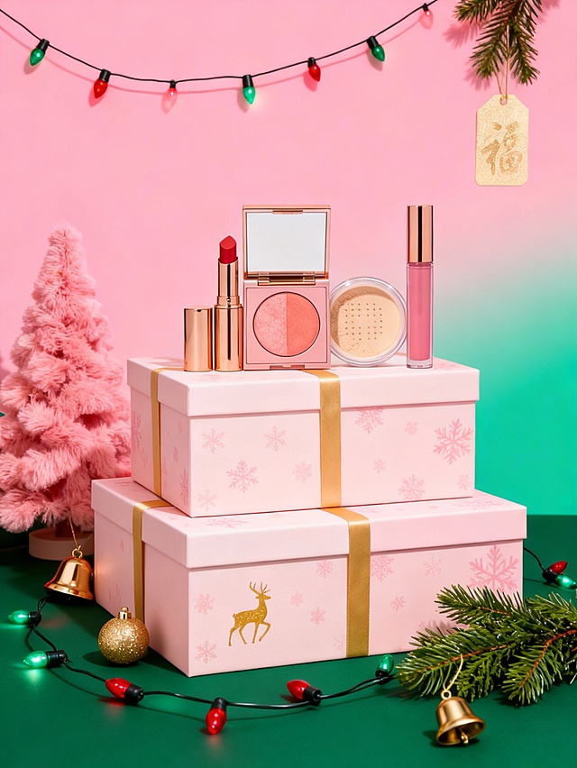 主体分别置于浅粉色双旦礼盒上（堆叠，高低不同，金色丝带），背景粉绿渐变（圣诞粉与圣诞绿撞色），红绿相间彩灯串环绕礼盒，圣诞装饰（粉色毛绒圣诞树、金色铃铛、绿色松枝）与元旦装饰（浅金福字吊牌）穿插摆放，礼盒表面点缀蜜桃粉雪花纹路与金色圣诞麋鹿图案
