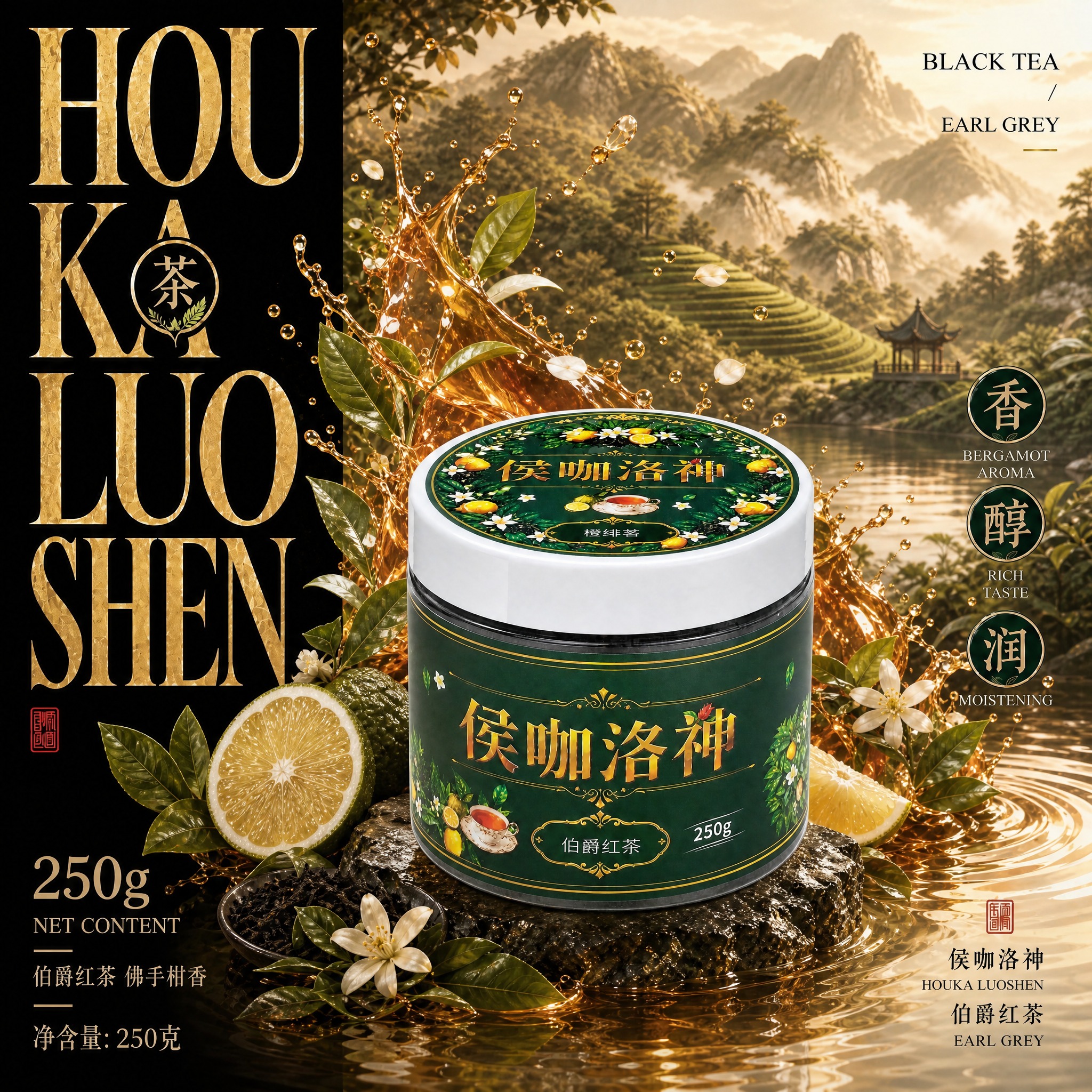 参考提供的黑金高端国风水果茶海报风格，生成伯爵红茶（橙绯茗）口… - 图片创意预览