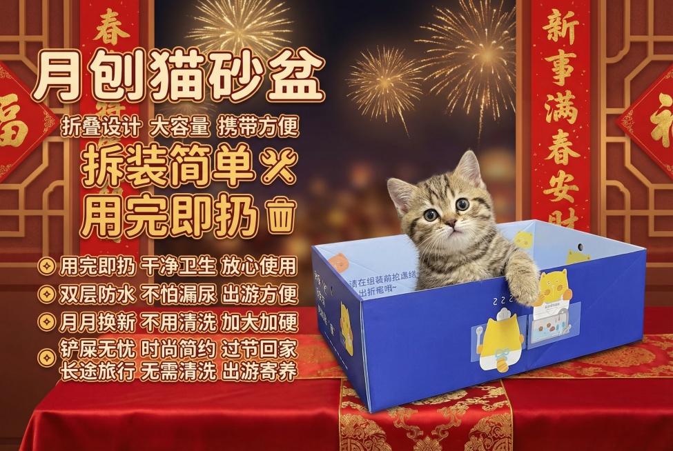 这张图片是产品主体这款产品是一次性猫砂盆 产品主体颜色不改变 我需要设计20张主图在拼多多上面售卖   主图场景布局设计用过年喜庆 小猫等 等背景元素 整体色调喜庆一些，可爱 显得高级一些  主图文案预览效果
