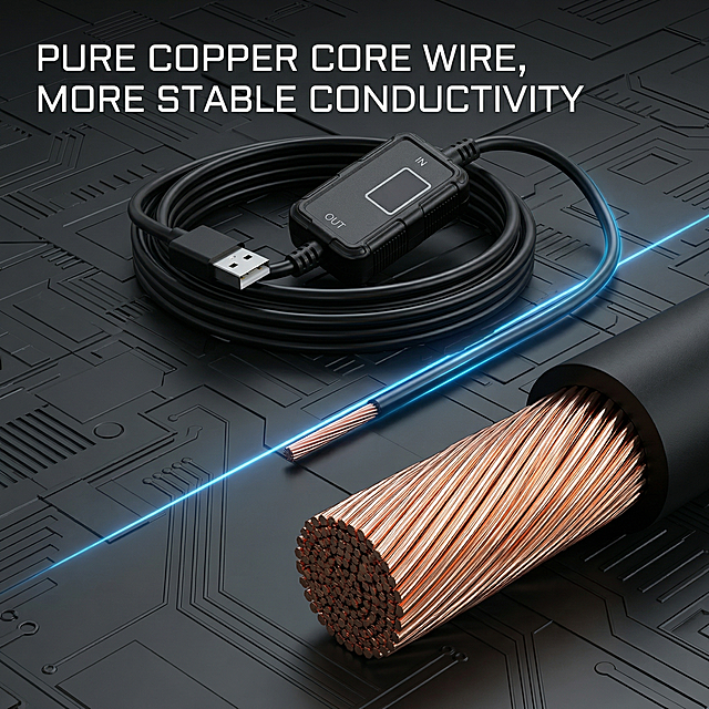 [Main Image 4 - Detail Display] Close-up macro shot of the pure copper core wire of the USB boost cable, show the multi-strand pure copper wire detail, the product body is placed in the upper half, the wire end cross-section detail is placed in the lower right corner with a connection guide line, background is dark gray tech style, text description "Pure Copper Core Wire, More Stable Conductivity" at the top left corner, all text in English, 1:1 square, 2K resolution, highlight the material texture