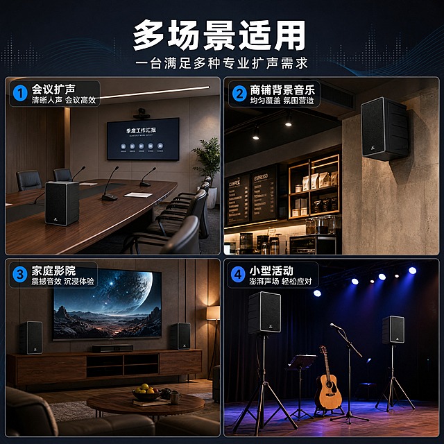 [商品] 使用【图1】HENVA HW-CP6.5专业音箱；保留黑色箱体、正面网罩、HENVA Logo、侧面造型；产品融入各使用场景中，尺寸比例符合真实场景，摆放位置合理。
[画面] 目标：多场景应用展示，体现产品的多用途适配性。构图：2×2宫格拼图，四个场景分别为：左上-中小型会议室场景（音箱挂墙或放置会议桌旁）；右上-商铺/门店背景音乐场景（音箱安装于店铺角落）；左下-家庭影院/客厅场景（音箱放置于电视柜两侧）；右下-小型演出/活动场景（音箱支架摆放）。每个场景格有场景标签。顶部为标题区。背景：深灰色边框分隔四格，整体统一深色科技基调。
[视觉] 套系策略：风格=深色科技专业商业摄影风；标题字=现代无衬线粗黑体；正文字=简洁无衬线中黑体；主色=深炭黑/深灰；背景延展=基于深炭黑做深浅渐变、科技网格、声波线条和细腻金属质感延展；强调色=科技蓝，仅用于小面积图标、引线、标签和局部光效；标题色=纯白；正文色=浅灰；组件=细线圆角信息卡、声波图标、数据标签；光影=各场景内自然真实光影，整体统一暖调或中性光。
[文字] 顶部主标题「多场景适用」，副标题「一台满足多种专业扩声需求」。四格场景标签：1.「会议扩声」清晰人声 会议高效；2.「商铺背景音乐」均匀覆盖 氛围营造；3.「家庭影院」震撼音效 沉浸体验；4.「小型活动」澎湃声场 轻松应对。文字横向排版，标签置于每格左上角或底部。
[规格] 图片比例1:1方版，4K分辨率，京东平台适配，中文文案。避免变形、错字、文字过小、场景比例失真、产品外观改变、极限词。