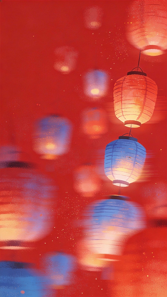 “极简插画，虚实结合，模糊泛红颗粒肌理，红色底，单一的纯色背景，模糊感+颗粒感+肌理感+朦胧感，清新淡雅，治愈配色，色彩冷暖对比强烈，强调梦幻温暖的氛围感，微光，隐约看出很多灯笼，非传统构图方式，动态模糊，动态模糊，自序，艺术，高级的氛围感，细腻质感”