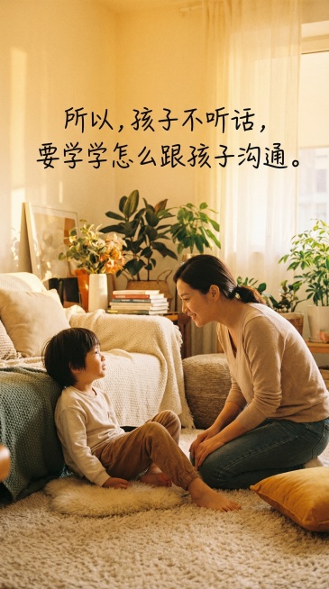 温馨亲子沟通场景，画面中有温柔引导孩子的家长和放松的孩子，配有清晰正确的中文文字“所以，孩子不听话，要学学怎么跟孩子沟通。”，治愈系风格，暖色调预览效果