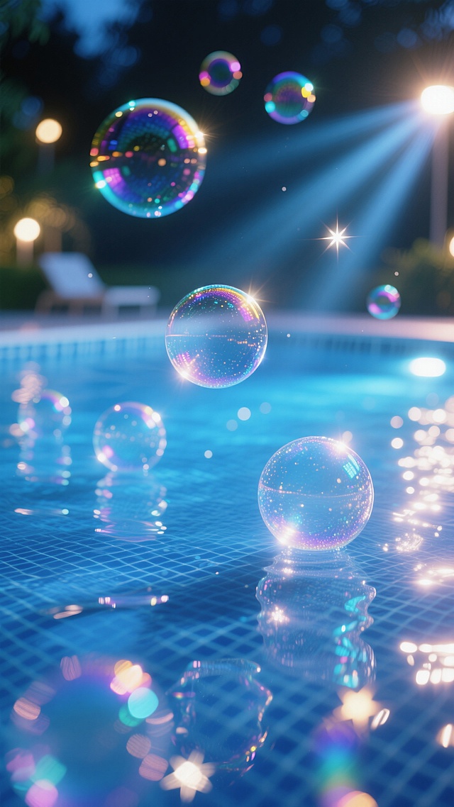 梦幻3D玻璃泡泡，光影交织，清新泳池夜景，虚拟现实般奇幻。