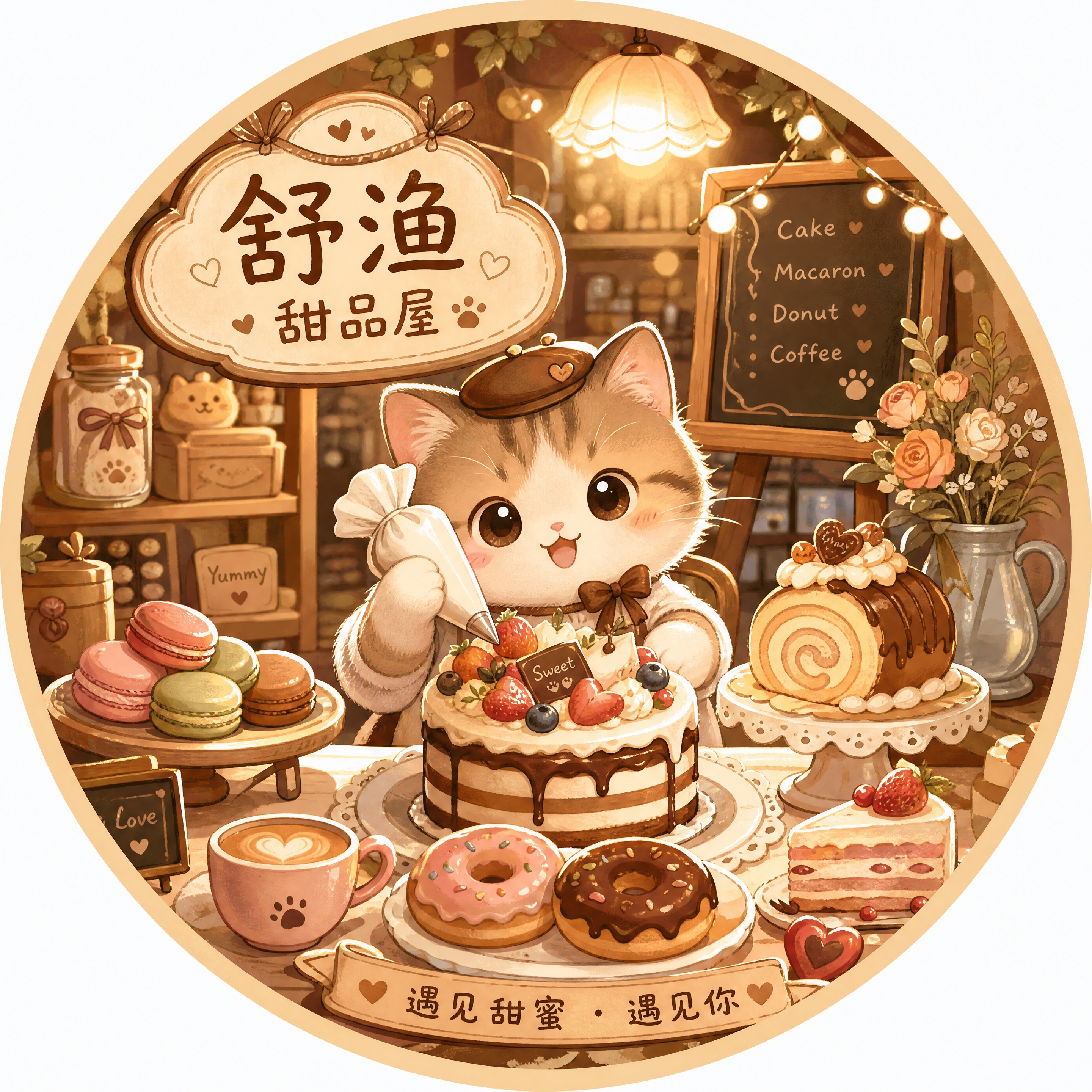 舒渔甜品屋品牌头像，整体暖棕色系温馨色调，画面中有可爱的小猫咪… - 图片创意预览