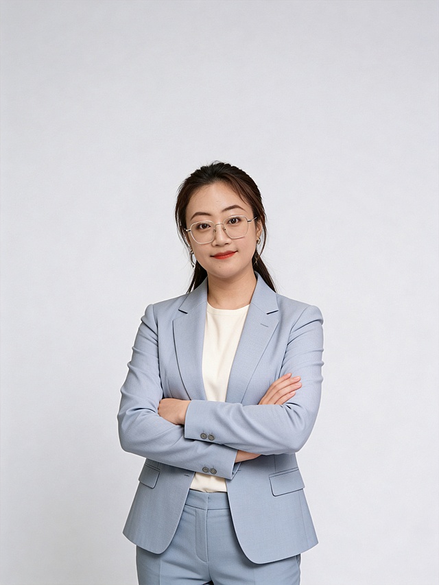 参考第一张图保留人物脸型､年龄等特征生成职场形象照,参考第二张图人物占位和比例,标准焦段50mm,F/4光圈(F/2.8-F/4区间),平视视角(镜头与人物视线齐平);人物占画面70%,人物居中(居中构图),位于画面中心,为视觉聚焦点,入境范围头部及以下至臀部下方10cm(半身像);左右留少量背景空间;头部与画面顶部保留5%空间;头部发型完整;肤质白皙细腻,头肩比例协调,暖调通透水光肌,零粉感伪素颜底妆,肤质细腻无毛孔,白皙,肌表带自然润泽高光,杏粉色哑光眼影轻扫眼睑(仅提亮轮廓),极细内眼线(填充睫毛根部),自然深棕带细微高光点美瞳;唇妆:哑光橘红色口红,唇色饱满浓郁,唇面细腻粉质柔焦感,唇部水润,自然好气色无妆感边界;身穿浅蓝灰色西装外套,米白色内搭,简约高级,浅蓝灰色西裤,干练优雅,发质自然飘逸,双臂交叉于胸前,肢体舒展自然,自信从容站立姿势,人物居中,头肩比例协调,表情自然,专业干练;微笑;高清棚拍专业摄影人像写真,结构准确;光比1:1.5,4800K中性光,修饰脸型,肤质哑光细腻,面部雾面柔光,轻透裸肌感,真实毛孔纹理,32K画质,去除人物之外的所有元素,零噪点降噪,极简浅灰度纯色背景｡严格按照第一张图内容生成。