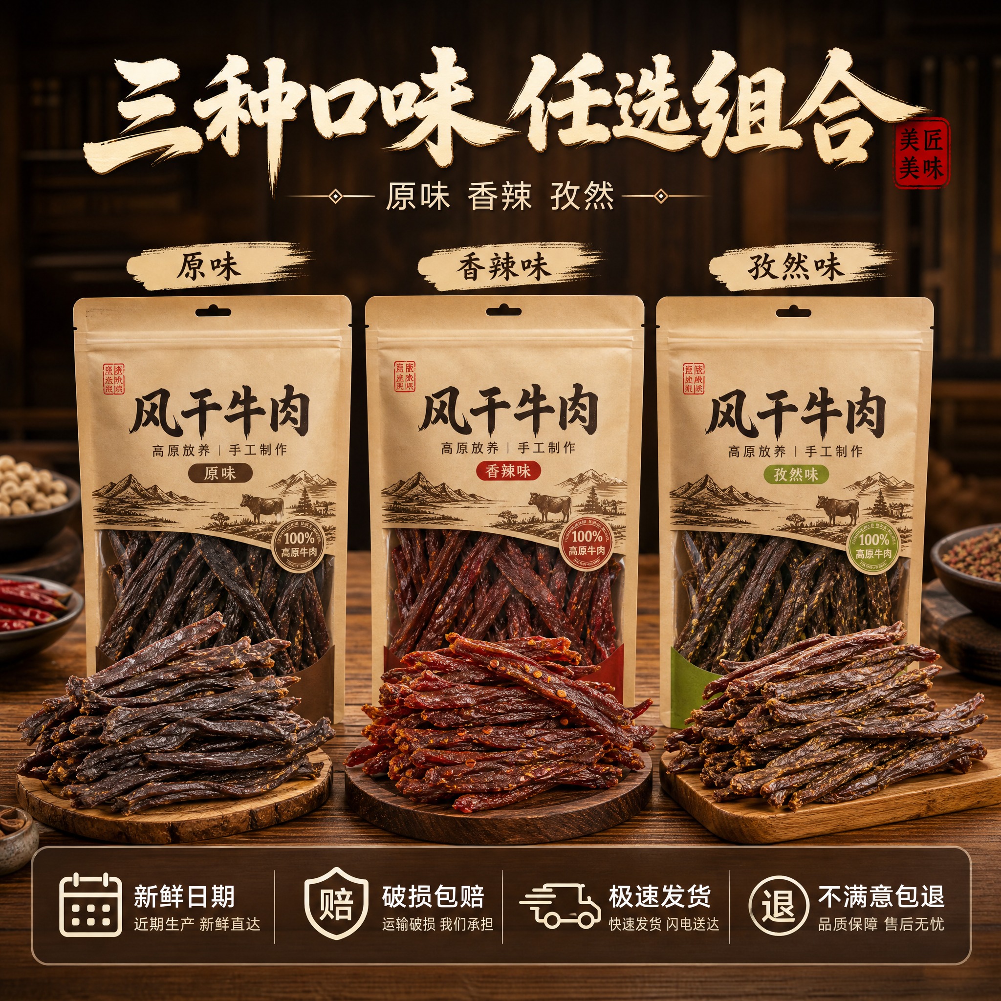 [主图-5] SKU与服务转化，展示多口味选择与服务承诺，促进… - 图片创意预览