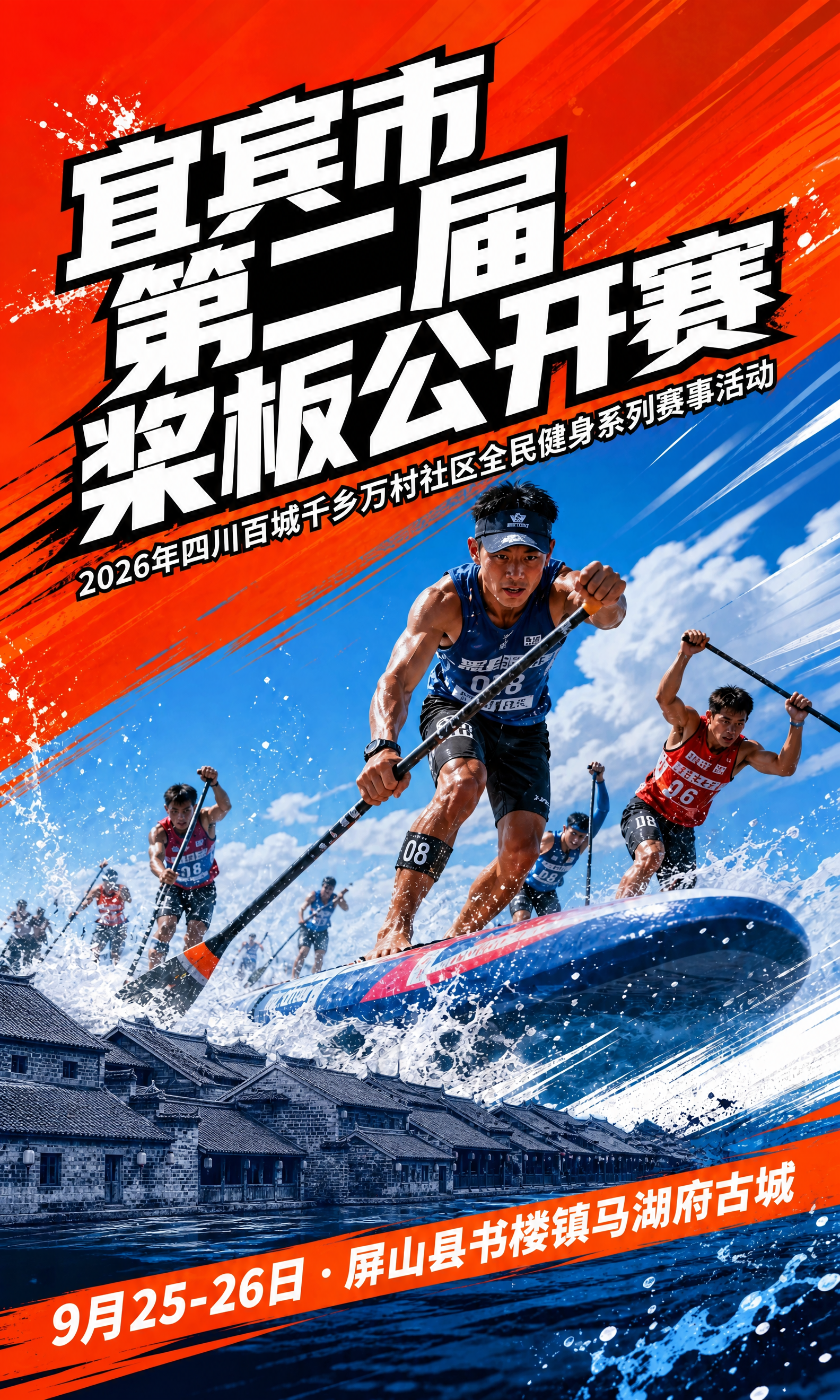 基于参考图1的热血赛事海报版式，将底部的古城剪影替换为参考图3… - 图片创意预览