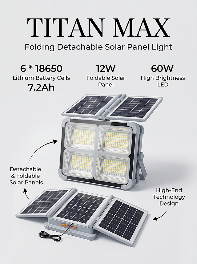 电商详情图，产品主图，TITAN MAX folding detachable solar panel light, 6 * 18650 lithium battery cells 7.2Ah, 12W foldable solar panel, 60W high brightness LED, minimalist elegant technology style, clean light grey background, focus on product, high-end atmosphere, English text description, highlight the foldable detachable solar panel feature, vertical 3:4 ratio