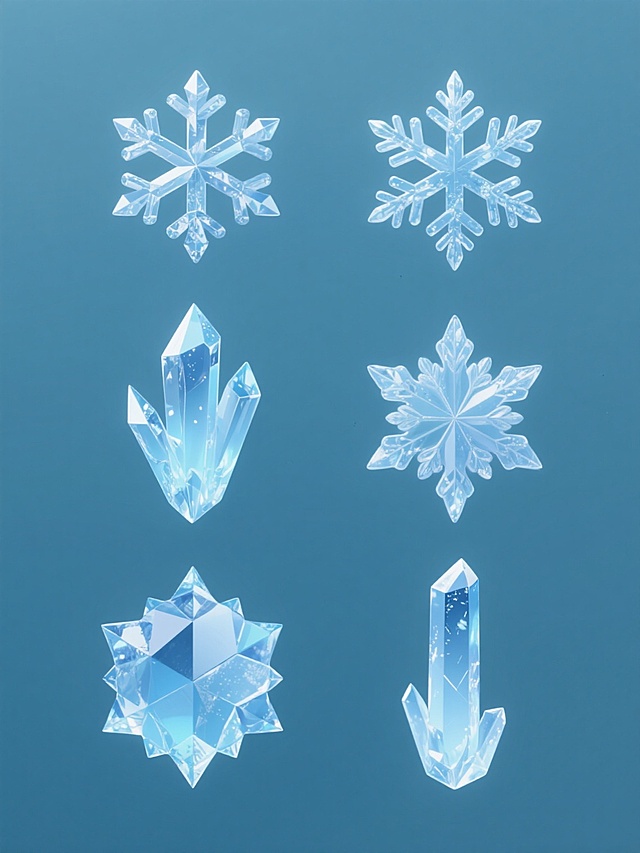 纯色背景上，六个完全不同的冰雪元素以规整排布方式组成系列素材集合，每个元素均保持精致的3D水晶质感，呈现纯净通透的冰蓝色调与渐变光影效果，拥有清晰锐利的边缘和内部结构细节，整体风格统一且具有高度的视觉一致性与设计感，冰雪元素类目包括雪花、冰晶、冰棱、冰花、冰柱、冰凌等不同形态
