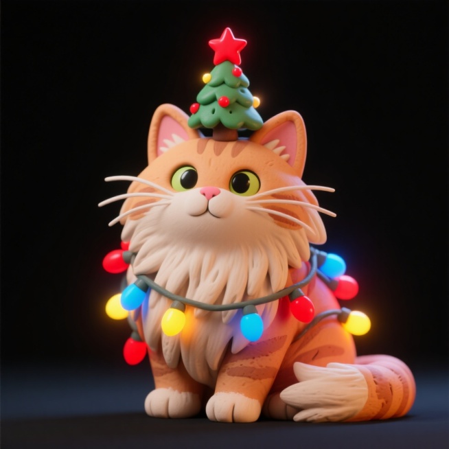 主体是一只长毛猫，头顶装饰着带红色星星的小型圣诞树，周身缠绕多彩圣诞灯串（含红、蓝、黄等颜色），纯黑色背景预览效果