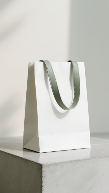 极简主义风格白色手提袋，袋身采用厚实挺括的哑光白色卡纸材质，表面光滑无纹理，搭配灰绿色宽扁状皮质手提带，手提带与袋身连接处有精致的缝线细节，袋子放置于浅灰色光滑水泥台面上，整体呈现出柔和的侧上方自然光照射效果，光线在袋身侧面形成自然的明暗过渡阴影，水泥台面反射出微弱的光泽，背景更换为简约的米白色渐变磨砂质感墙面，手提袋样式调整为底部带有细微内收弧度的梯形轮廓设计，整体画面保持干净、高级、简约的……预览效果