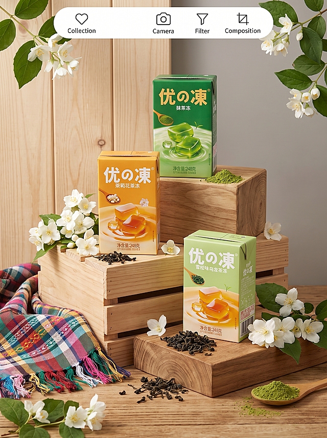 原木肌理复古棚拍静物场景，将三盒饮品（抹茶冻、茉莉花茶冻、雪松味乌龙茶冻）进行竖版阶梯错落分层摆放，搭配大量完整茉莉花、乌龙茶叶、抹茶，堆叠原木木箱、实木方墩、竖拼实木背板，左侧铺民族风彩色流苏格纹布艺餐布，画面四角点缀带绿叶白色茉莉花枝，顶部模拟小红书 UI 栏（含收藏、相机、滤镜、构图图标），整体是ins清新原木风美食静物商业摄影，干净通透写实质感，温柔暖调治愈系风格，主色调为原木浅木色和浅灰纯色背景，辅色是茉莉清新绿和布艺多彩低饱和撞色，整体柔和暖调低饱和配色，45°斜侧微俯平视静物视角，对焦主体饮品，展示清晰质感，实木木箱呈现清晰木纹木结，乌龙水润光滑，茉莉叶片鲜活哑光，民族布艺呈现编织纹理，彩色流苏柔软，饮品带有柔和水光反光，室内均匀柔和侧方漫射柔光，物体浅淡柔和投影，无生硬阴影，营造自然清新夏日氛围，是商用美食摄影宣传样片版式，顶部、侧边预留大面积空白，无杂乱多余水印遮挡饮品主体