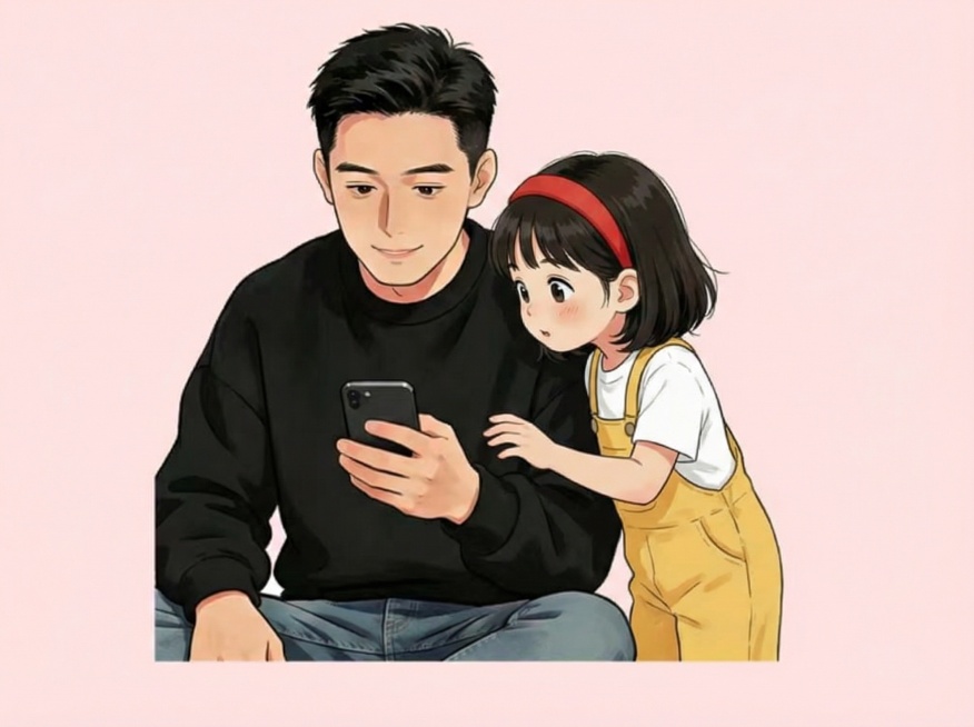 爸爸在看手机，小女孩也想看预览效果